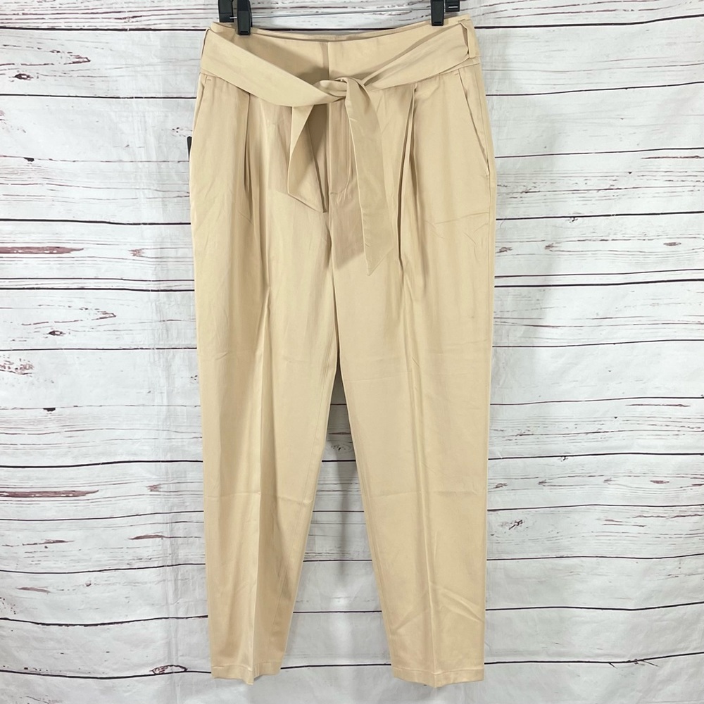 Massimo Dutti Pants Womens 10 Tie Waist Tapered Trouser Tan‎ Cotton Pleated